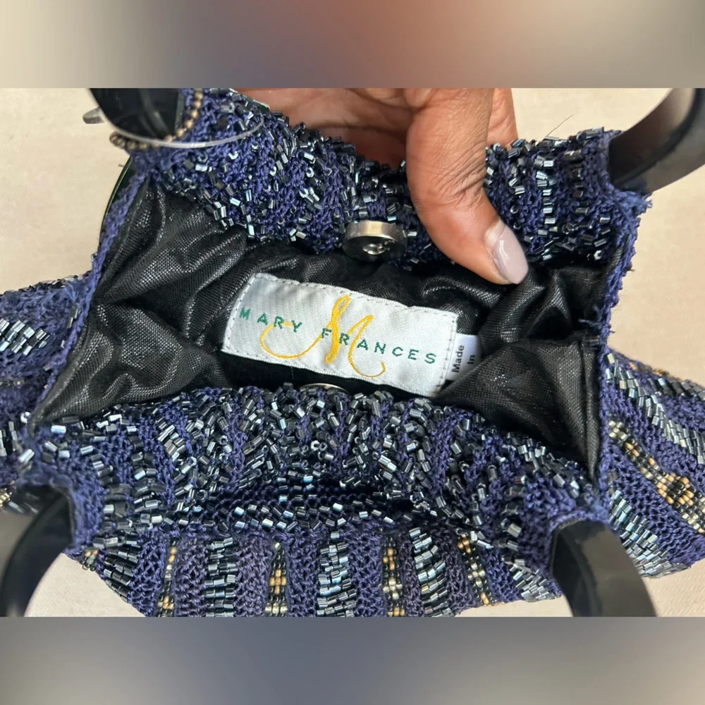 Mary Frances Machu Picchu Trail Elegant Blue & Gold Beaded Clutch w/Handle NWT - Picture 4 of 4